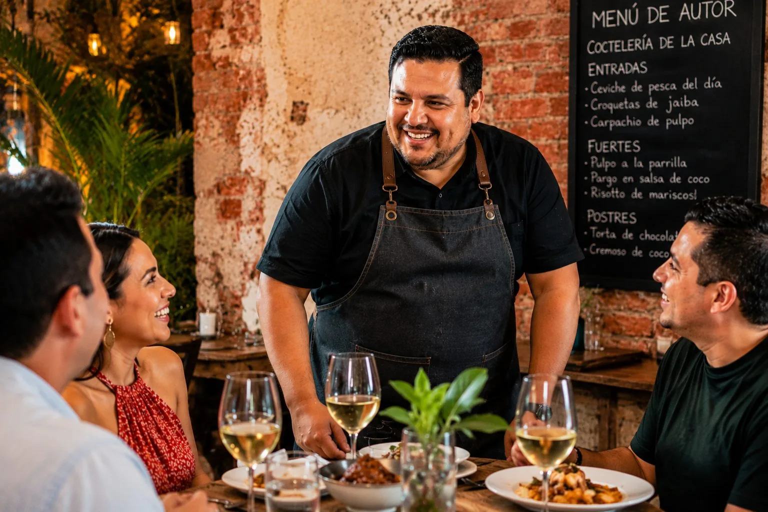 Chef colombiano conversando con sus comensales en el restaurante