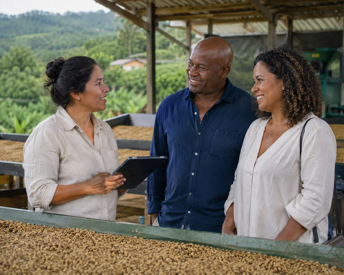 Caficultores conversando en la finca