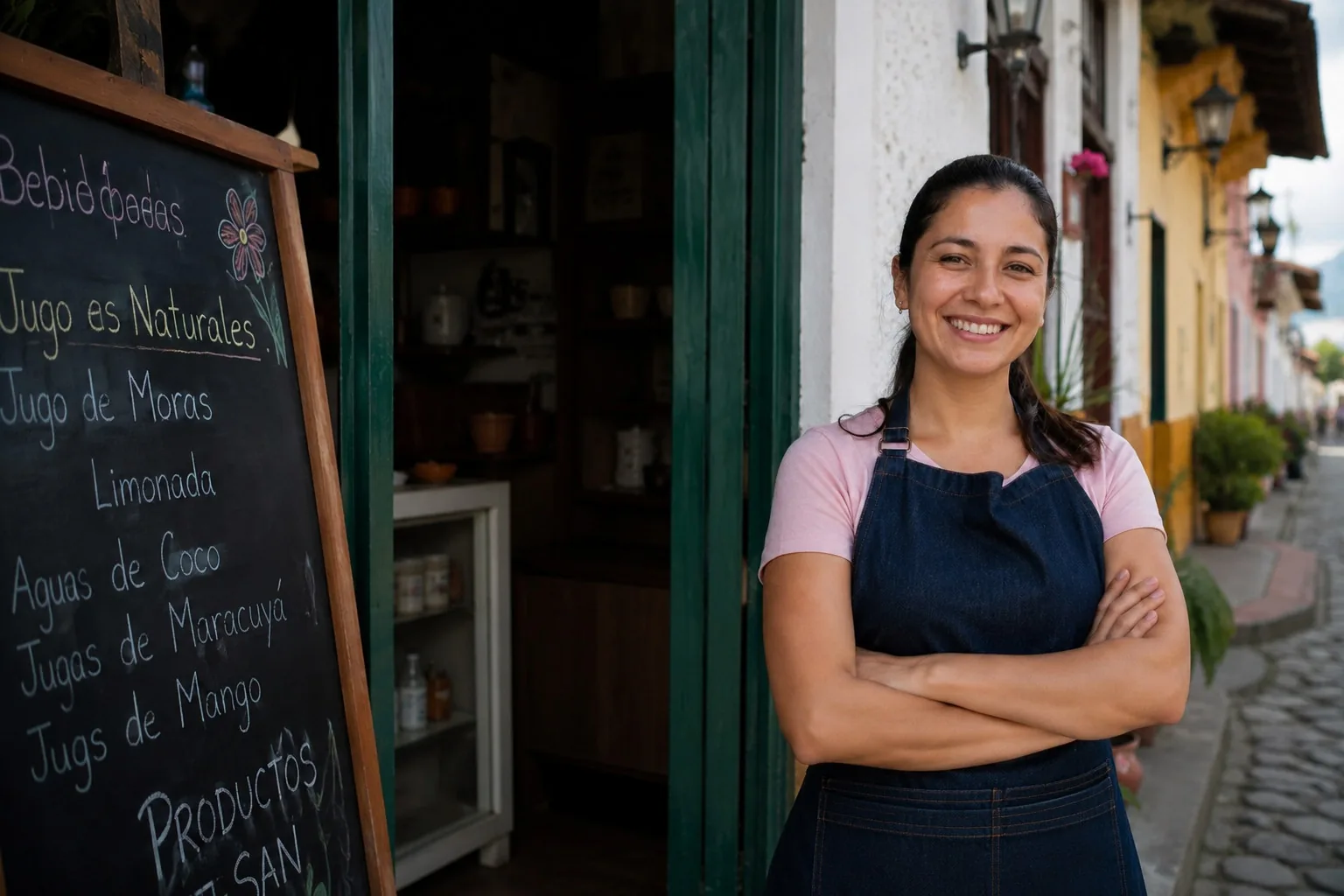 Emprendedora colombiana frente a su negocio